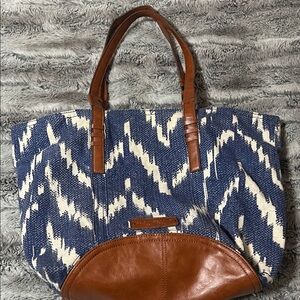 Lucky Brand Blue and White Patterned Tote with Brown Leather Trim